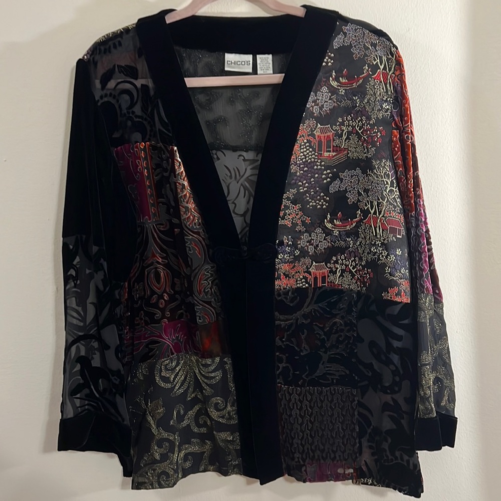 Chico’s Asian velvet silk blend kimono cardigan
